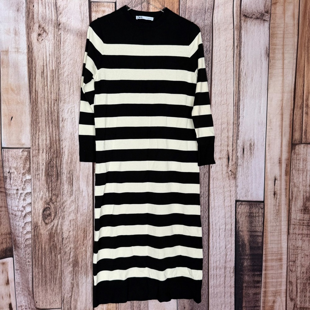 Zara Striped Knit Sweater Dress Black Cream Minimalist Cozy Chic Size Small
